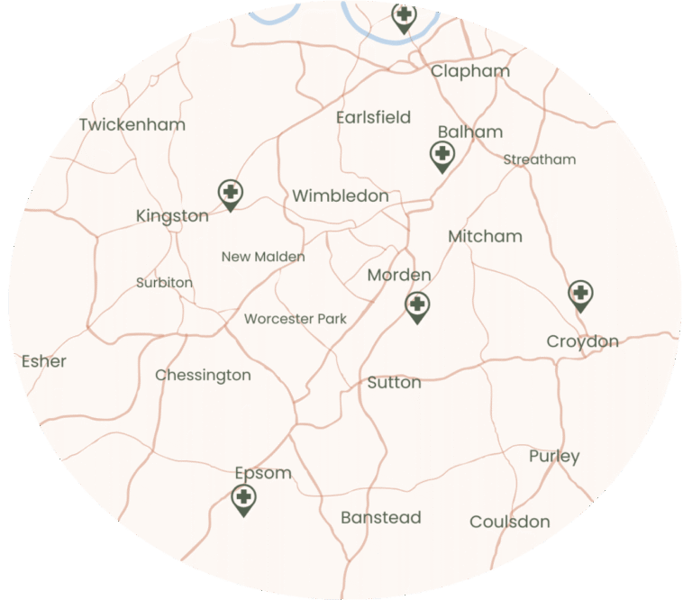 Map showing working area across Surrey & SW London
